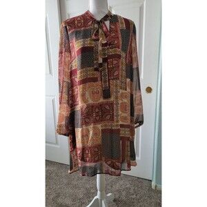 DR2 Floral Paisley Long Sleeve Tie Neck Boho Hippie Shift Dress Sz L
